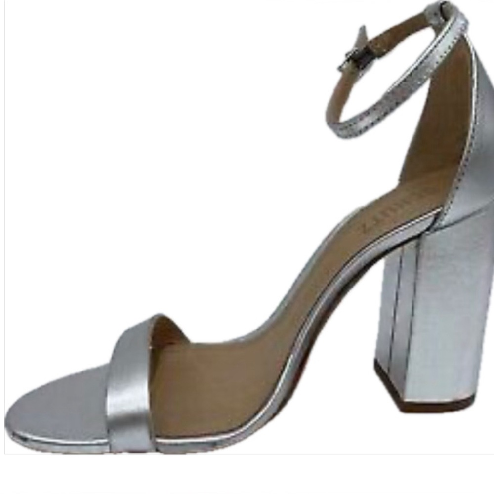 Schutz Cadey Lee Leather Metallic Silver 3.75”‎ Block Heel Sandals Size 7.5 NEW